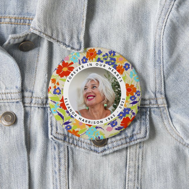 Macaron Rond 10 Cm Bright Wildflower Memorial Photo Frame with Text (En situation)