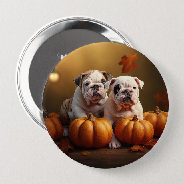 Macaron Rond 10 Cm Bulldog Chiot Automne Citrouille de plaisir (Devant & derrière)