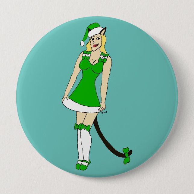 Macaron Rond 10 Cm Catgirl de Noël verte (Devant)