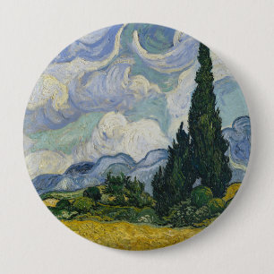 Macaron Rond 10 Cm Champ de blé avec cyprès, peinture à l'huile, Van