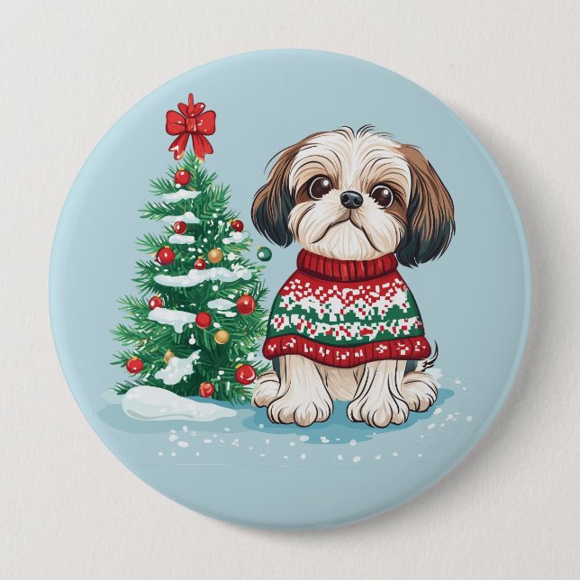 Macaron Rond 10 Cm Christmas Shih Tzu Santa Dog (Devant)