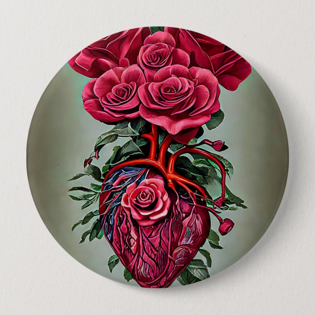 Macaron Rond 10 Cm Coeur humain avec fleurs de rose rouge art surréal (Devant)