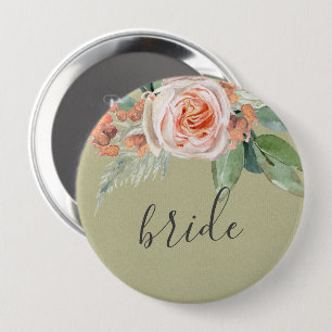 MACARON ROND 10 CM COULEUR D'EAU PEACH FLEURS VERT FOLIAGE OR BRIDE