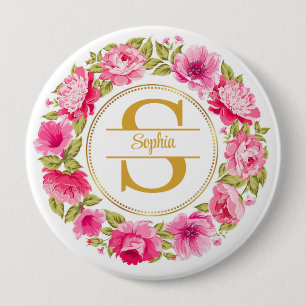 Macaron Rond 10 Cm Couronne florale de pivoine rose élégante Monogram