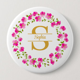 Macaron Rond 10 Cm Élégante broche monogramme floral rose et nom