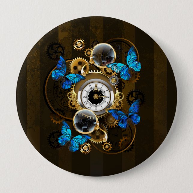 Macaron Rond 10 Cm Engrenages à vapeur et papillons bleus (Devant)