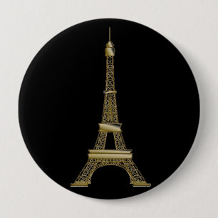 Macaron Rond 10 Cm Épingle à boutons Tour Eiffel Noir & Or Français