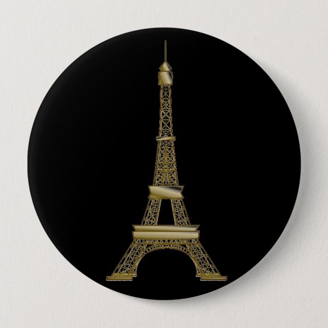Macaron Rond 10 Cm Épingle à boutons Tour Eiffel Noir & Or Français (Devant)