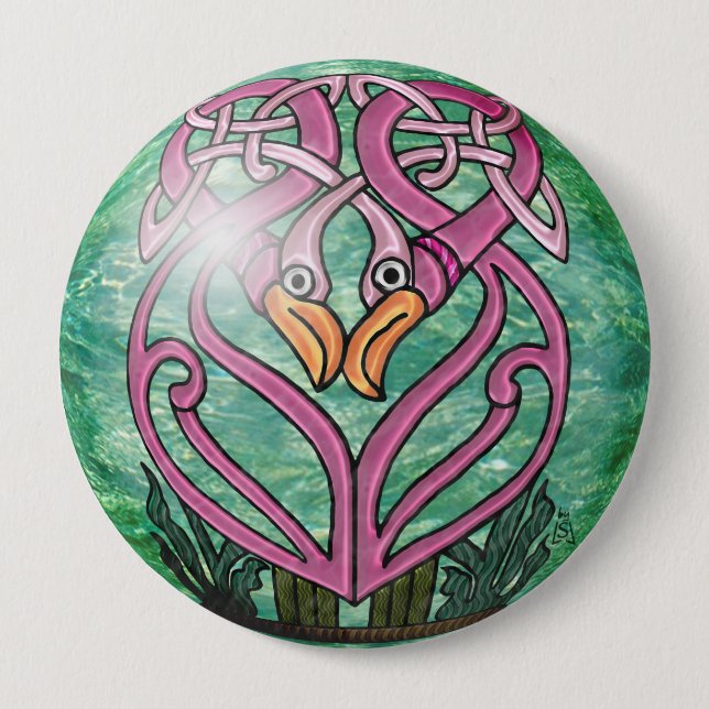 Macaron Rond 10 Cm Flamants roses roses dans un noeud celtique (Devant)