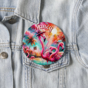 Macaron Rond 10 Cm Flamants roses roses tropicaux Palmiers Personnali