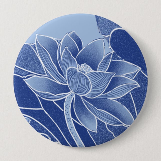 Macaron Rond 10 Cm Fleurs Bleues Élégantes Chinoiserie Lotus Mandala (Devant)