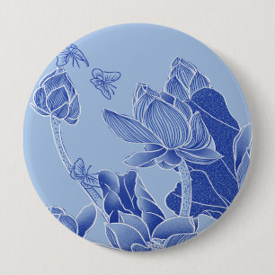 Macaron Rond 10 Cm Fleurs Bleues Élégantes Chinoiserie Lotus Mandala
