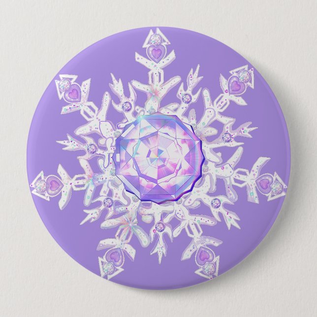 Macaron Rond 10 Cm flocon de neige violet clair et coeur étincelant (Devant)