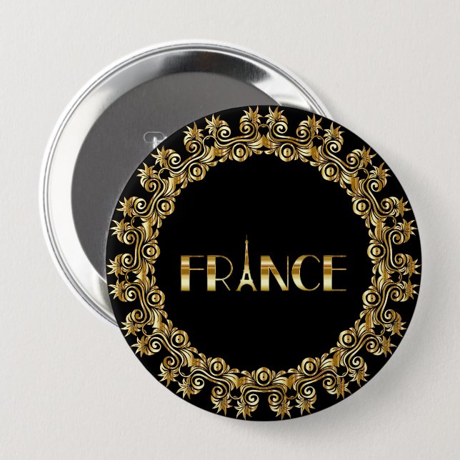 Macaron Rond 10 Cm France, Tour Eiffel, Elégant Design Or, (Devant & derrière)