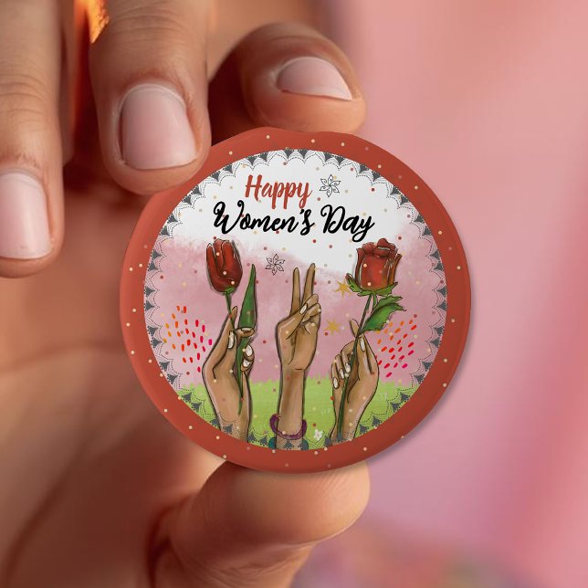 Macaron Rond 10 Cm Happy Women's Day Red Button Hands Holding Tulips (Happy Women's Day Red Button Hands Holding Tulips)