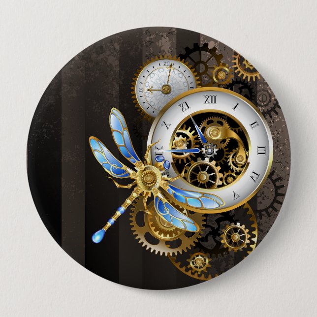 Macaron Rond 10 Cm Horloge à vapeur avec libellule mécanique (Devant)