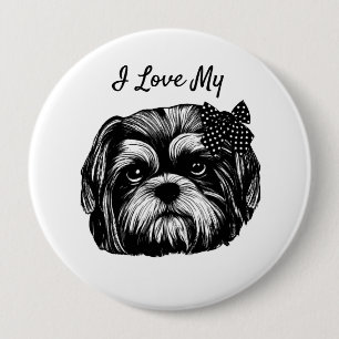Macaron Rond 10 Cm I Love My Shih Tzu dog with bow Original art Butto