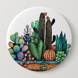 Macaron Rond 10 Cm Jardin mignon de cactus d'aquarelle dans le pot