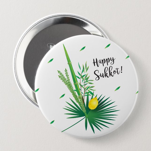 Macaron Rond 10 Cm Joyeux Sukkot Lulav et Motif d'aquarelle Etrog (Devant & derrière)