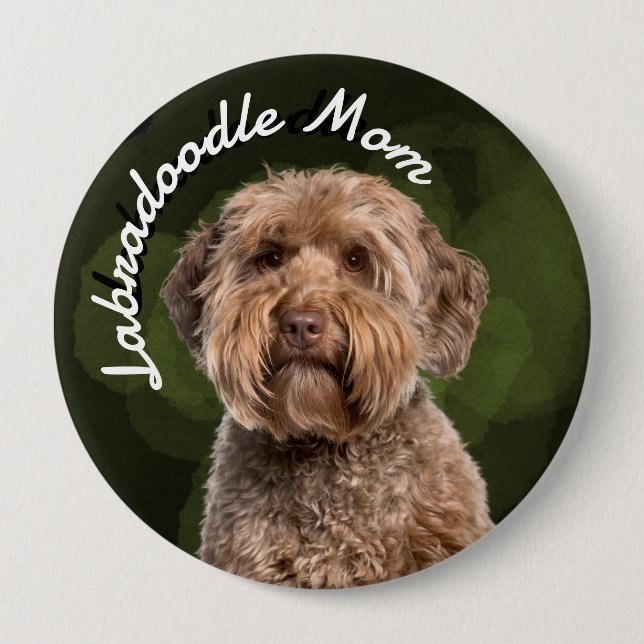 Macaron Rond 10 Cm Labradoodle Maman avec arrière - plan vert (Devant)