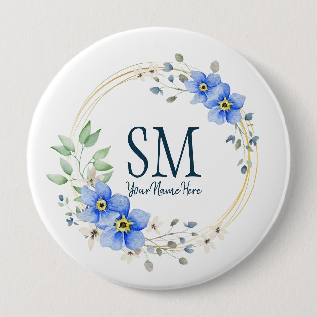 Macaron Rond 10 Cm Monogramme floral personnalisé Fleurs bleues sauva (Devant)