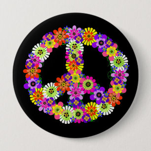 Macaron Rond 10 Cm Panneau de paix Floral sur noir