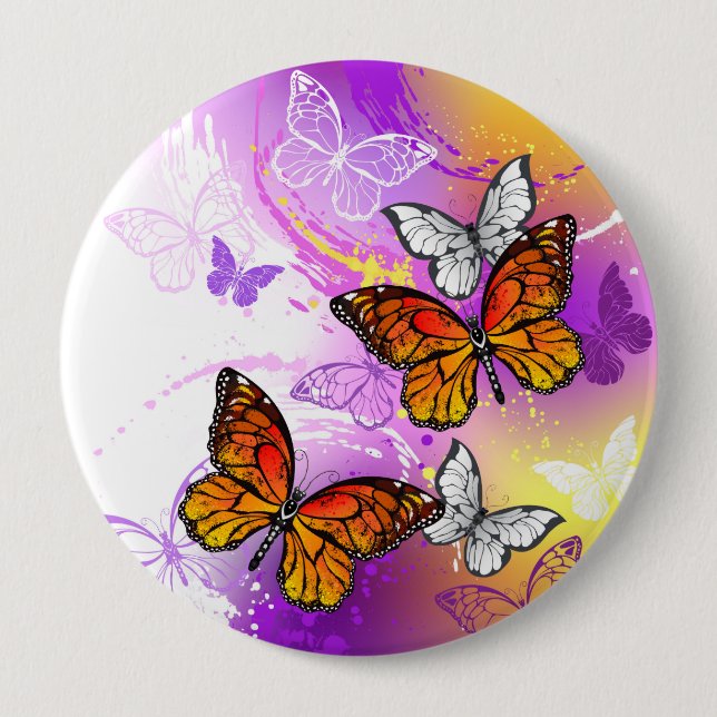 Macaron Rond 10 Cm Papillons Monarque sur Arrière - plan pourpre (Devant)