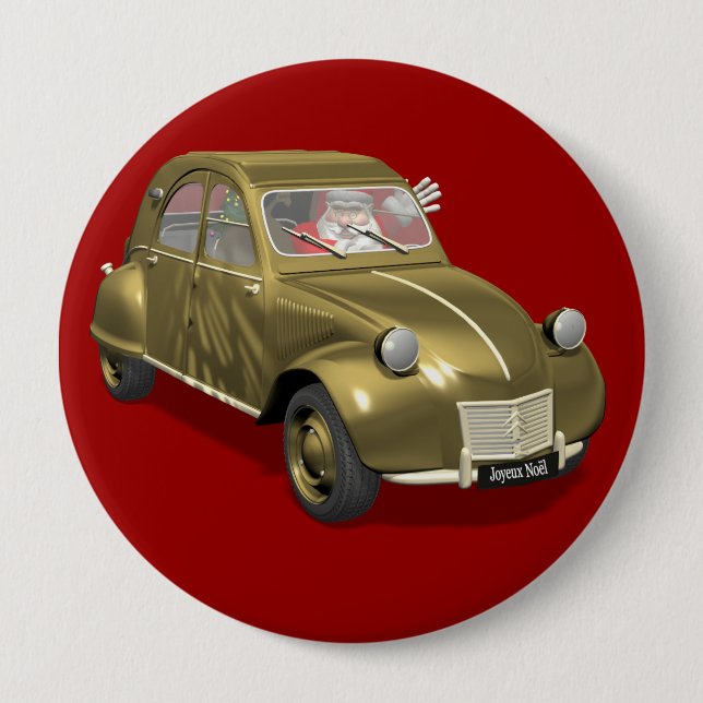Macaron Rond 10 Cm Père Noël En Citroen 2CV (Devant)