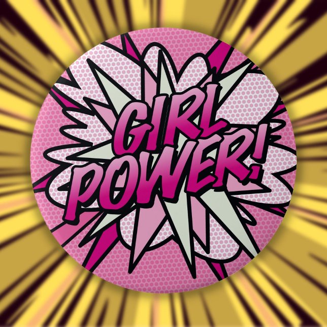 Macaron Rond 10 Cm POUVOIR DES FILLES Rose amusant Bande dessinée Pop (GIRL POWER Fun Pink Comic Book Pop Art Button)