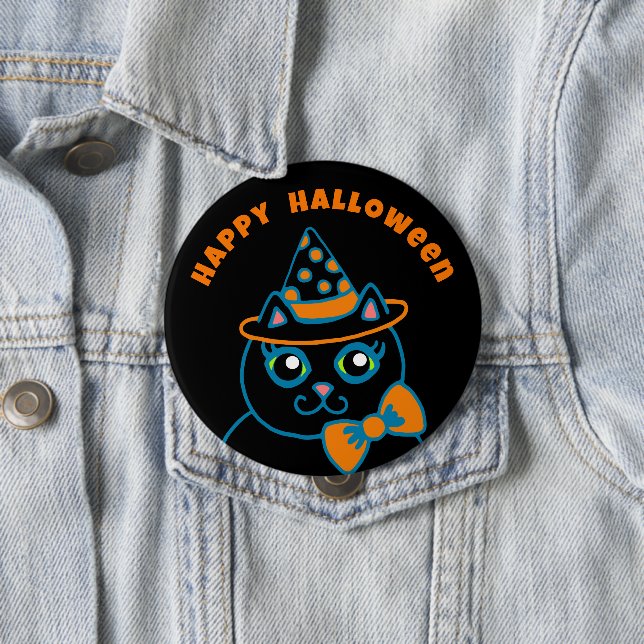 Macaron Rond 10 Cm Retro Happy Halloween Black Cat Button  (En situation)