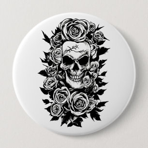 Macaron Rond 10 Cm Roses du crâne humain Goth Dessin original à l'enc