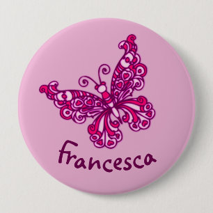 Macaron Rond 10 Cm Stylised pink butterfly art name button