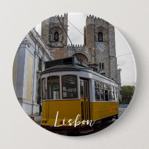 Macaron Rond 10 Cm Tramway jaune sur la cathédrale de Lisbonne au Por