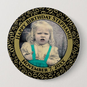 Macaron Rond 10 Cm Votre photo 60e anniversaire Numéro Motif Noir/Or