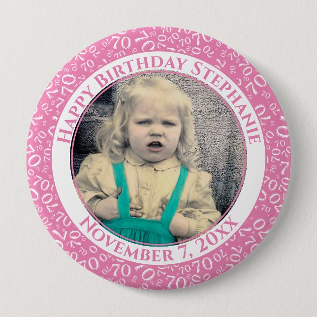 Macaron Rond 10 Cm Votre photo 70e anniversaire Numéro Motif rose (Devant)