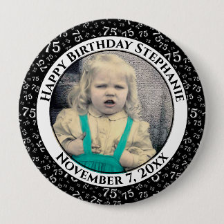 Macaron Rond 10 Cm Votre photo 75e anniversaire Numéro Motif | Noir