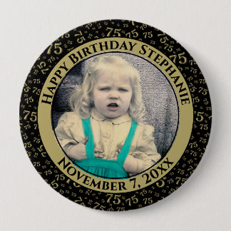 Macaron Rond 10 Cm Votre photo 75e anniversaire Numéro Motif Noir/Or