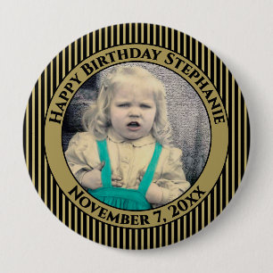 Macaron Rond 10 Cm Votre photo d'anniversaire simples rayures Noir/Or