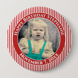 Macaron Rond 10 Cm Votre photo d'anniversaire simples rayures rouge/b