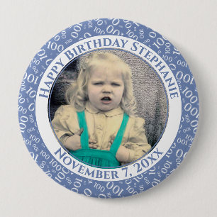Macaron Rond 10 Cm Your Photo 100th Birthday Number Pattern   Blue