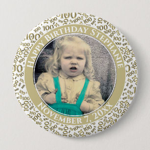 Macaron Rond 10 Cm Your Photo 100th Birthday Number Pattern Gold