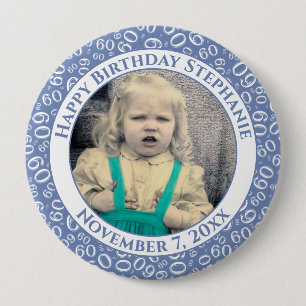 Macaron Rond 10 Cm Your Photo 60th Birthday Number Pattern   Blue