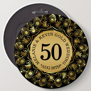 Macaron Rond 15,2 Cm 50e anniversaire du Mariage noir et or, texte pers