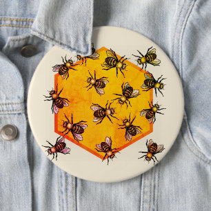 Macaron Rond 15,2 Cm Abeilles de miel avec dessin d'hexagone jaune oran