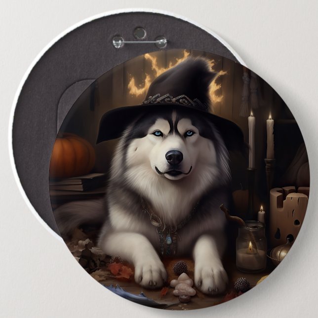 Macaron Rond 15,2 Cm Alaskan Malamute Citrouilles Halloween effrayant (Devant & derrière)
