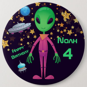 Macaron Rond 15,2 Cm Alien vert UFO Ajouter un nom Bouton Anniversaire