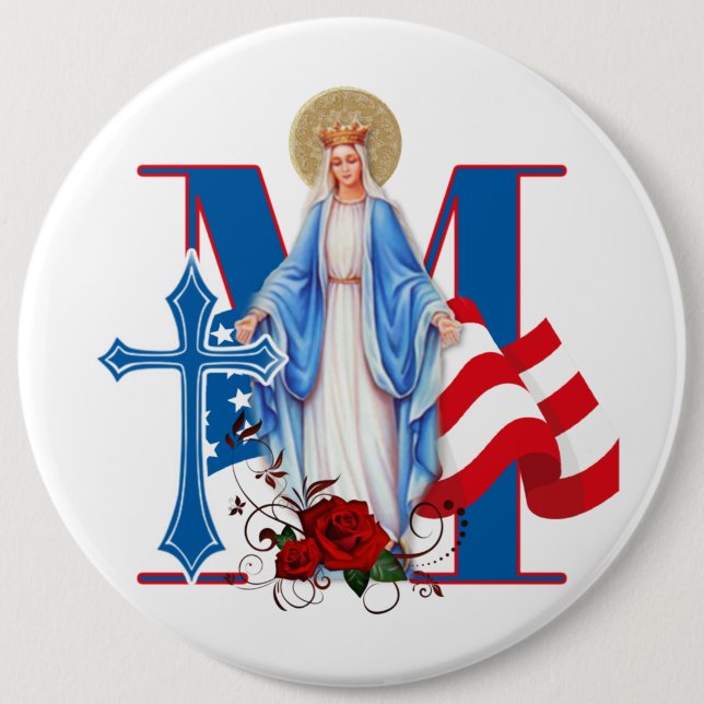 MACARON ROND 15,2 CM AMÉRICAIN FLAG VIRGIN MARY ROSES RELIGIEUX (Devant)