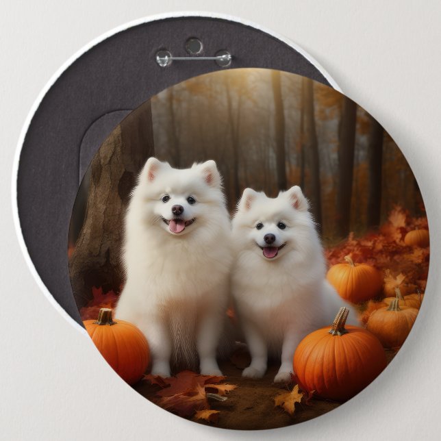 Macaron Rond 15,2 Cm American Eskimo Chiot Automne Citrouille délice (Devant & derrière)