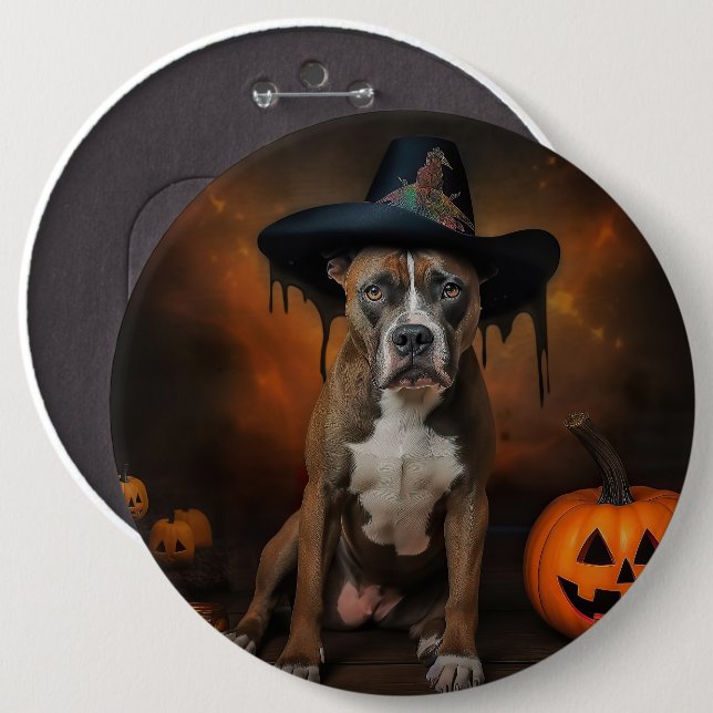 Macaron Rond 15,2 Cm American Staffordshire Citrouille Halloween effray (Devant & derrière)