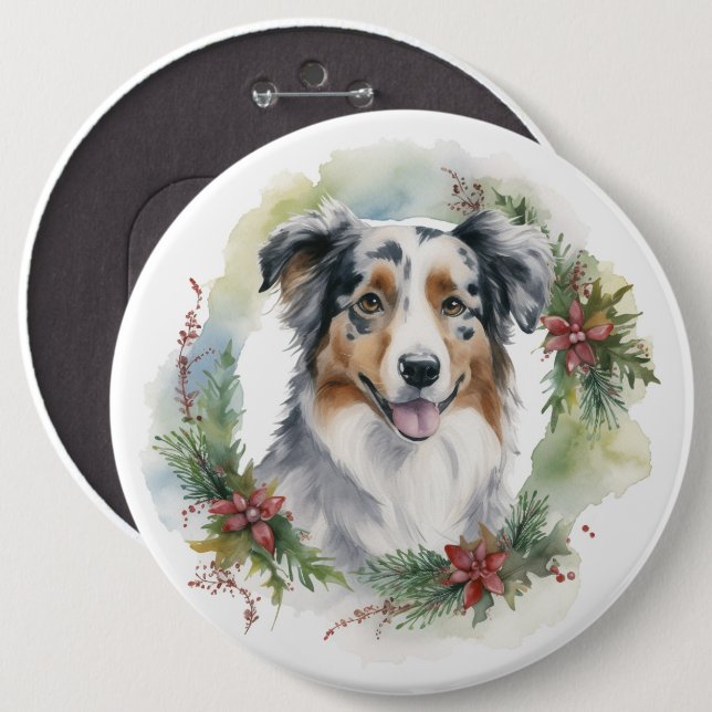 Macaron Rond 15,2 Cm Australian Shepherd Christmas Wreath Festive Pup (Devant & derrière)